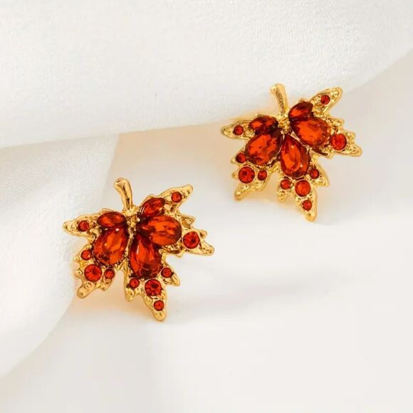 Maple Leaf Stud Earrings | Red Glass Crystals, Fall - Picture 1 of 3